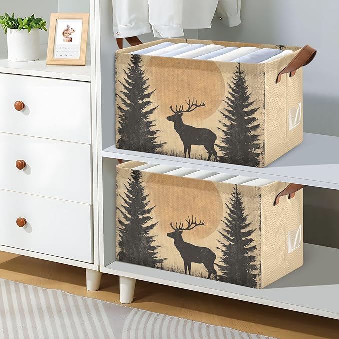 Rustic Sunset Forest Deer Vintage Storage Basket Foldable Cube Storage Bins with Handles&Label Collapsible Organizer Box Bin Large Rectangle Decorative Baskets for Shelves Home Living Room Closet-2 PC
