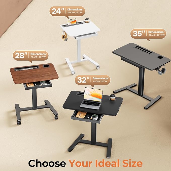 32" Mobile Desk with Drawer, Rolling Standing Desk on Wheels | Height Adjustable Desk with Cup Holder and Hooks, Portable Laptop Cart with Storage for Home Office, Black