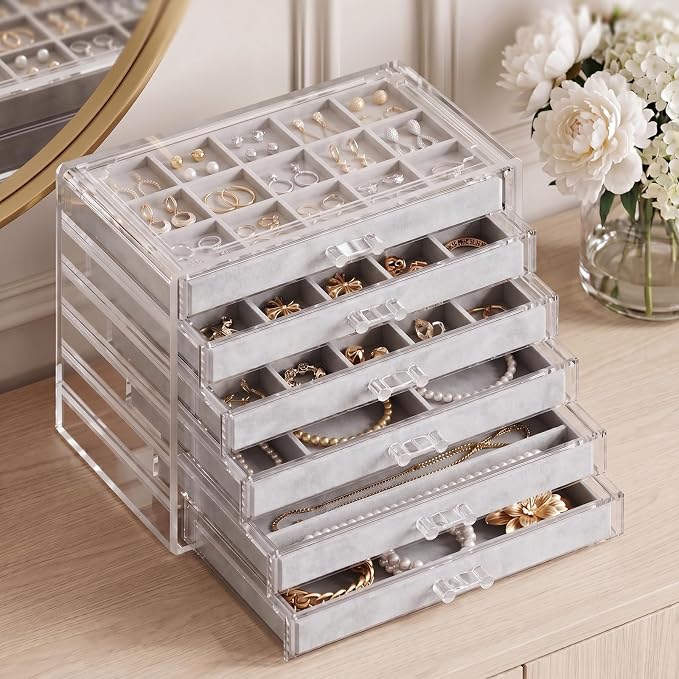 Clear Jewelry Organizer Earring Holder Organizer, Jewelry Box with 6 Drawers Clear Acrylic Stackable Earring Case with Adjustable Velvet Trays for Women and Girls, Grey