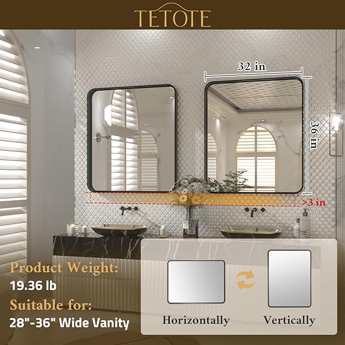 TETOTE 32 x 36 Inch Brushed Gold Frame Mirror, Bathroom Vanity Mirror for Wall, Modern Rectangle Round Corner Matte Framed Mirror (Horizontal/Vertical)