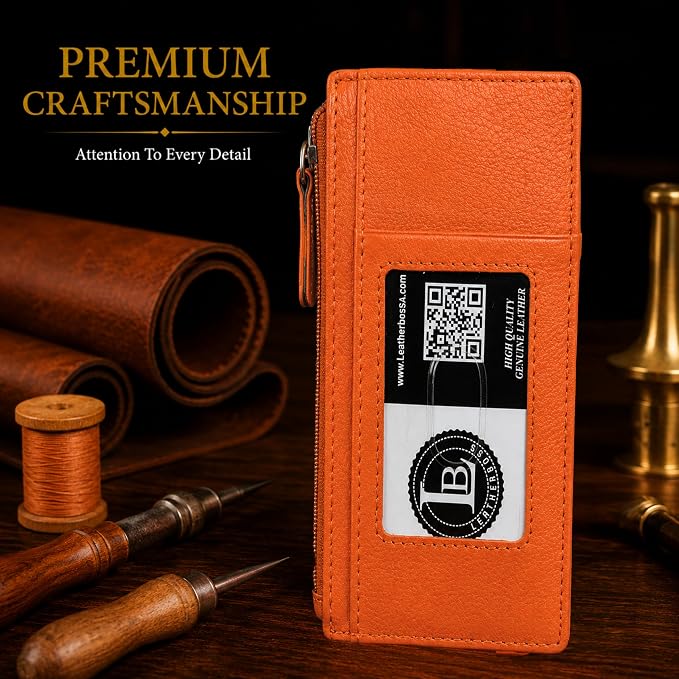 Leatherboss All in One Card Case Holder Slim Wallet With a Card Protection Strap (Orange)