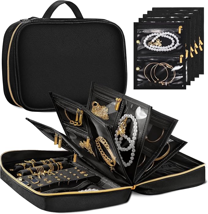 Travel Jewelry Organizer for Women, Jewelry Organizers and Storage with Detachable Zipper Pouches, Tangle-Free Jewelry Travel Case for Necklaces, Earrings, Rings & Bracelets, Black