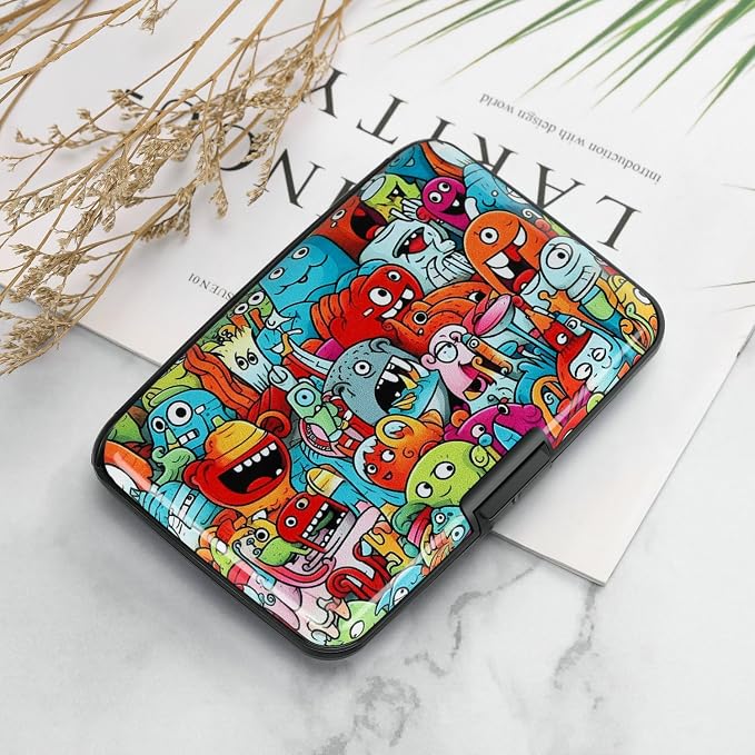 ELFISH RFID Blocking Credit Cards Holder Aluminum Wallet Metal ID Case for Men Women(Monsters)