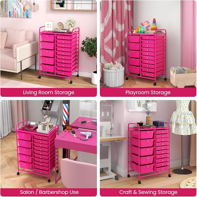 Moccha 15-Drawer Rolling Storage Cart - Under Desk Storage Drawers with wheels for Craft Art Supply Paper Salon, Scrapbook Paper Tools, Mobile Utility Cart for Classroom (15 Drawers, Hot Pink)