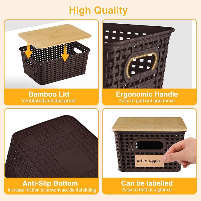 Plastic Storage Baskets with Bamboo Lids and Labels, Stackable Storage Containers, Storage Bins for Organizing Shelves Drawers Desktop Closets Office, 6 Packs-Brown