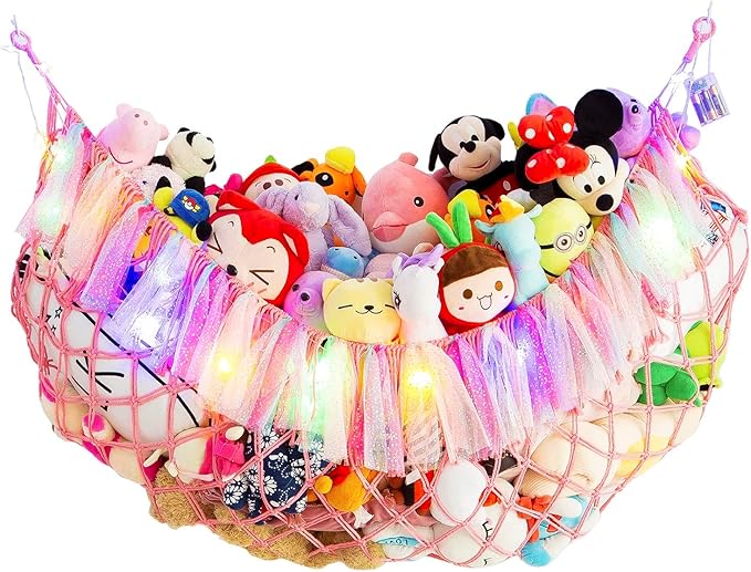 Jumbo Toy Hammock for Stuffed Animal Net Boho Macrame Toy Hammock with Led Light Stuffed Animal Storage Ideas Plush Toy Display Squishmallow Holder Net-Pink