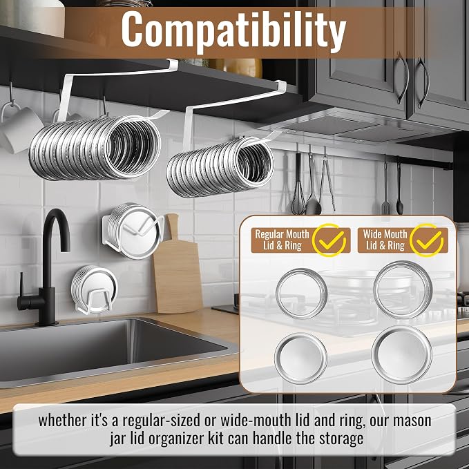 Dreyoo 4 Pcs Mason Jar Lid Organizer, Canning Jar Lids & Rings Holder | Holds Up to 38 Lids and 34 Rings, Come With Adhesive-Backed,Easy to Slide-On Cabinet, Stainless Steel and Iron (White)