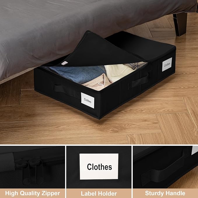 Vincona Under Bed Storage with Wheels, 2 Pack Under Bed Storage Containers with Label Holders for Clothes, Shoes and Blankets, Rolling Underbed Shoe Organizer with Cover, Black (23.6 x 15.7 x 7.28 in)