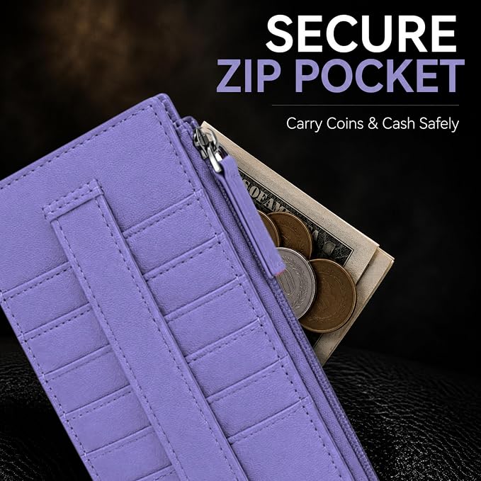 Leatherboss Genuine Leather Women's All in One Credit Business Card Case Holder Slim Zipper Wallet With a Card Protection Strap, Purple