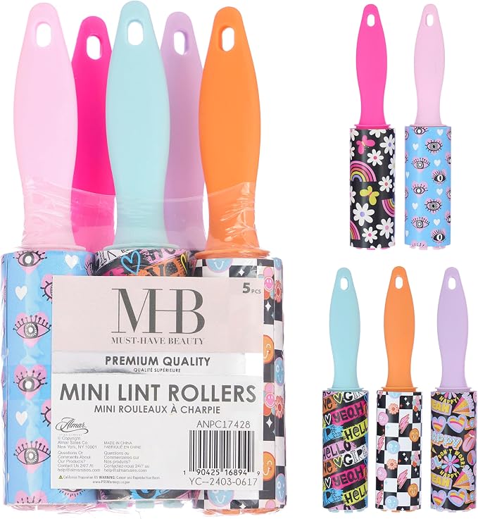 5pc Pop Art Mini Lint Roller Value Pack - Colorful Compact Rollers – Fun | Colorful Compact Rollers for Travel. Pet Hair & Lint Remover for Clothing & Household Use. Portable On-the-Go Lint Removers