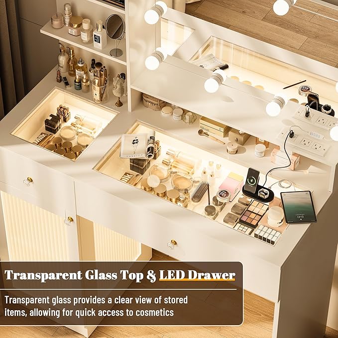 INNOD 40" Vanity Desk with Large Mirror and Lights, Modern Glass Top Makeup Vanity Set with Power Outlet, Drawers and Cabinet, 3 Lighting Color Adjustable Dressing Table for Bedroom,White