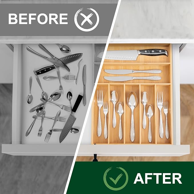 Utensil Organizer 13'' Silverware Drawer Organizer Cutlery Kitchen Bamboo | Natural Bamboo, 7 Compartment, Durable, Small Narrow Organizer, Silverware Tray, Utensil Holder, Silverware Drawer Organizer