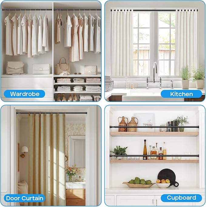 Tension Rod 28 to 48 inch, Adjustable Curtain Rods No Drilling Spring Rods Extendable Pressure DIY Tension Rod for Window Closet Kitchen, Black