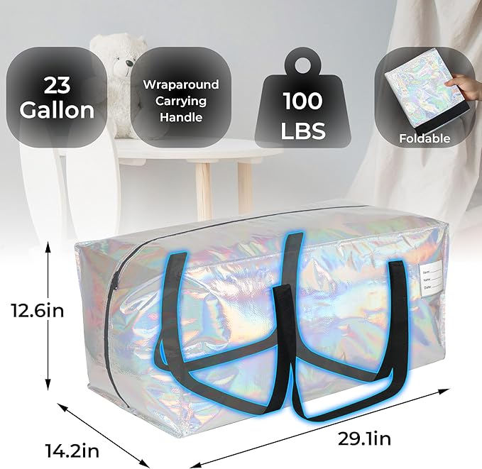 VTSVTS 8 Pack Extra Heavy Duty Large Moving Bags with Comfortable Handle & Strong Zipper,Storage Totes for Space Saving Moving Storage College Supplies Alternative to Moving Box,Iridescent