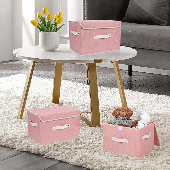 Lucky Monet Cute Storage Bin Boxes with Lids Washable Decorative Storage Boxes Pink Lidded Storage Baskets Collapsible Fabric Box Cubes with PU Leather Handles for Shelf Closet, 3 Pack Pink, Large
