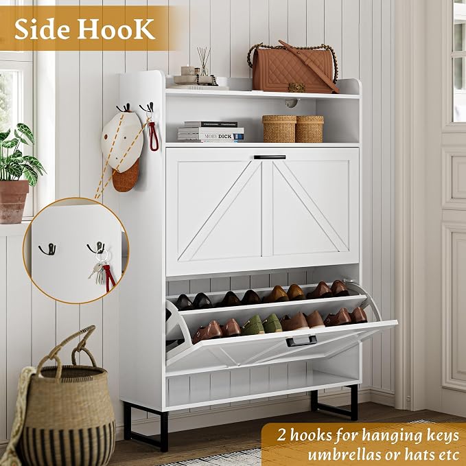 Wodeer Shoe Storage Cabinet with 2 Flip Drawers, Narrow Wood Shoe Cabinet Storage for Entryway with Metal Legs & Hooks, Adjustable Shelves, Freestanding Shoe Rack Organizer for Foyer, Hallway, White