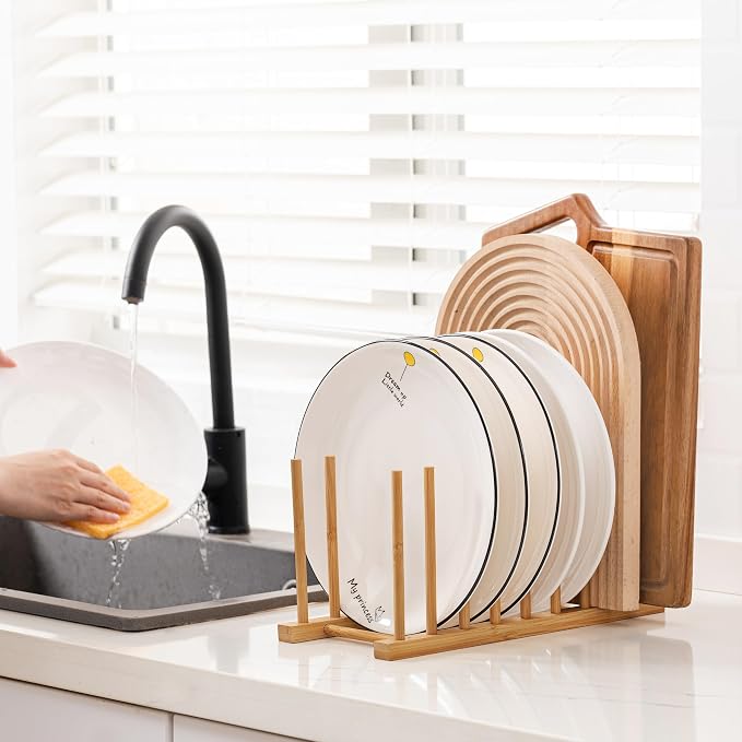 HBlife 4 Packs Heighten and Widen Bamboo Dish Drying Rack Plate Organizer | Plate Bowl Cup Book Pot Lid Cutting Board Stand, Drainer Storage Holder Organizer, For Kitchen Cabinet, 8 Slots