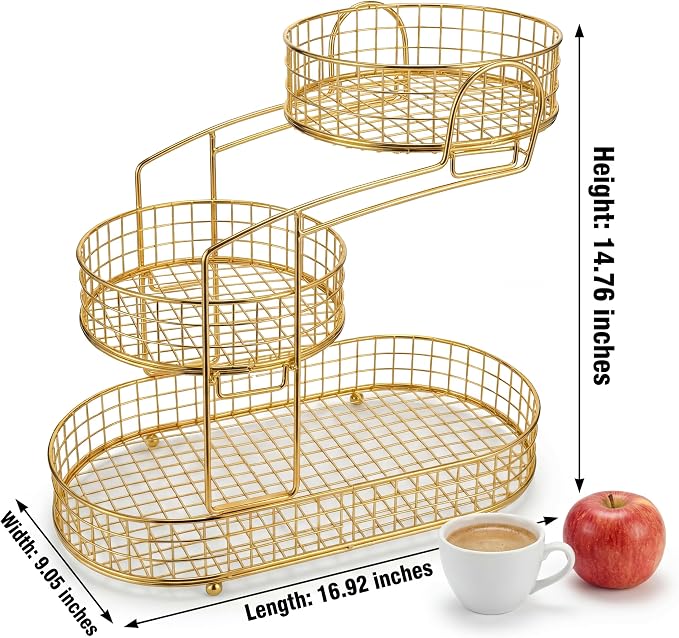 KMV Metal 3-Tier Fruit Basket Vegetable Storage Basket for Kitchen Counter, Detachable Organizer for Bread Snack Produce (Glod)