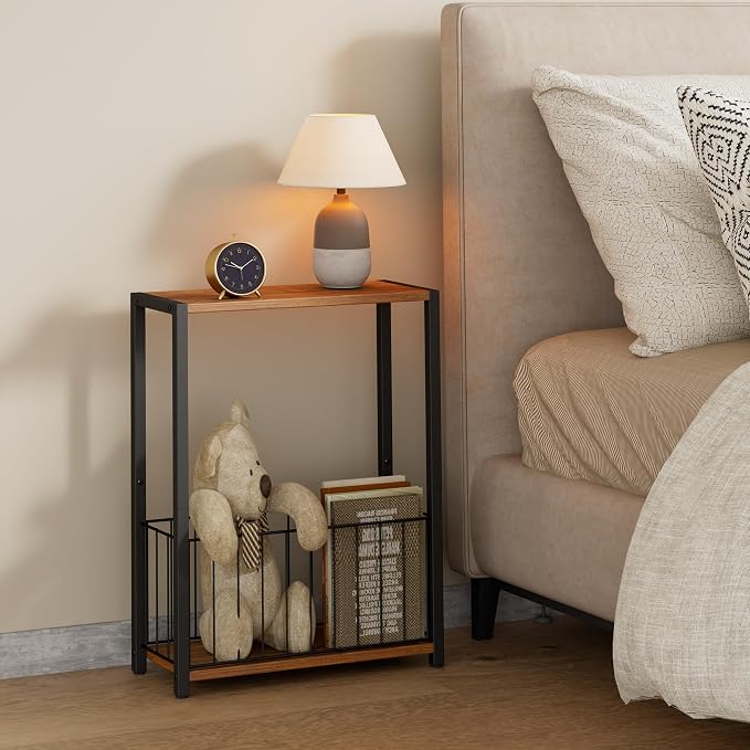 Homleke Narrow Side Table with Magazine Holder, Skinny End Table | Space-Saving Design, Small Spaces, Storage Shelf, Metal Frame, Easy Assembly, 7.1" D x 16.9" W x 23.6" H, Rustic Walnut