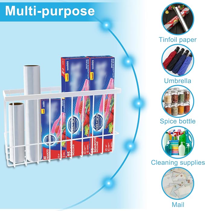 Cabinet Door Organizer 2Pcs, Foil and Plastic Wrap Organizer with 2 Sponges, Cabinet Door Storage with 2 Caddy Adhesive, for Aluminum Foil, Plastic Wrap, Wool Dryer Balls, White,(Medium, Large)