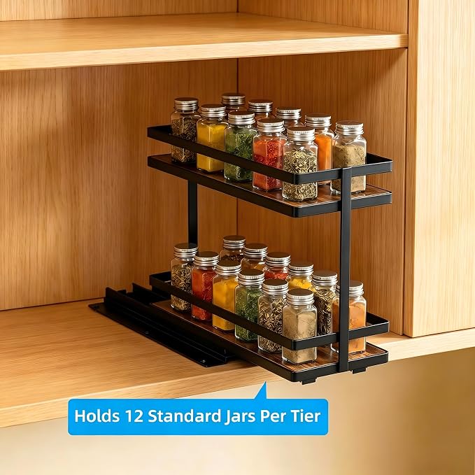 Pull Out Spice Rack 2-Tier Metal & Wood Seasoning Organizer | No-Drill Install | Full-Extension Silent Glide | Each Tier Holds 10–12 Standard Spice Bottles | Rustproof, Wipe-Clean Surface