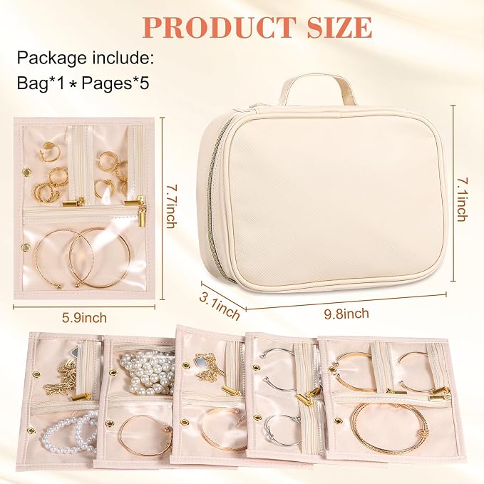 Travel Jewelry Organizer for Women, Jewelry Organizers and Storage with Detachable Zipper Pouches, Tangle-Free Jewelry Travel Case for Necklaces, Earrings, Rings & Bracelets, (Off-white)