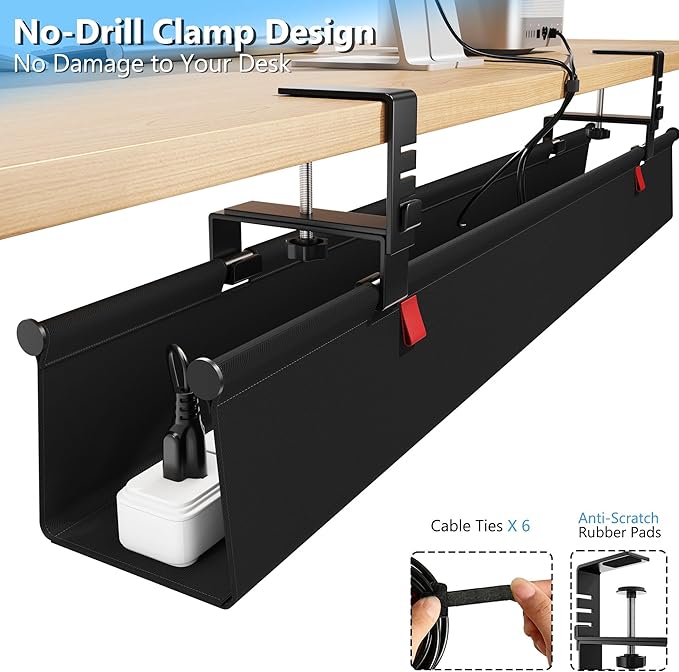 Litwaro Under Desk Cable Management Tray No Drill, 28.4" Cord Organizer with Clamp for Standing Desk, Premium Fabric Cable Tray with Wire Management for Office Home, Black