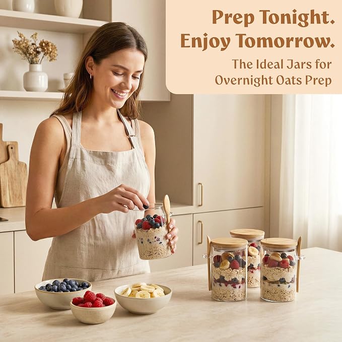 EDELHAUS Overnight Oats Glass Jars, Bamboo Lids, Spoons & Labels - 4x16oz | 4 Thick Glass Jars With Airtight Bamboo Lids, Matching Spoons and 24 Labels for Overnight Oats, Chia Pudding and Yogurt