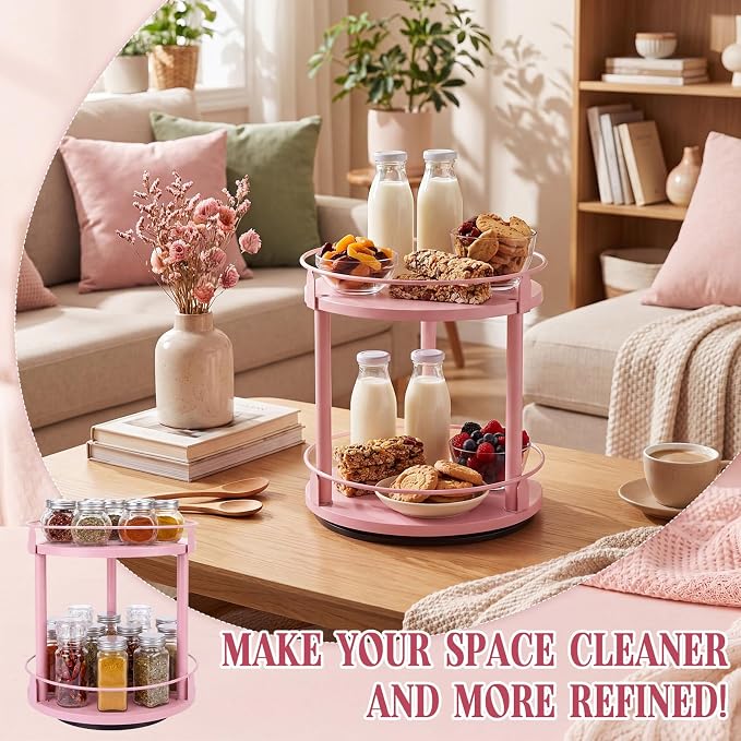 Light Pink Lazy Susan Organizer 2 Tier, Spice Rack Lazy Susan Organizer for Cabinet 10 Inch Rotating Spice Holder for Kitchen Countertop Pantry Dining Table Coffee Bar Storage