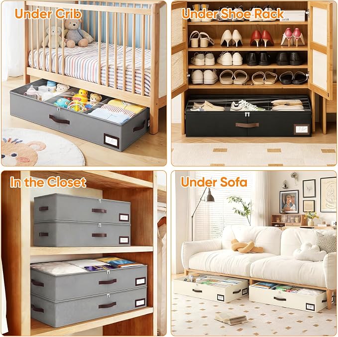 OIAHOMY 2 Pack 53L Under Bed Storage with Adjustable Dividers, 6" Low Profile Underbed Storage Bins for Comforters & Clothes, Save Closet Space with Clear View Lid & Reinforced Handles, Beige