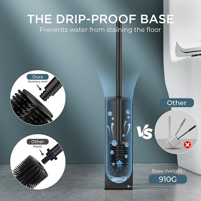 FORIOUS Toilet Cleaner Brush,2 Toilet Bowl Brush Head Square Tall Black | Heavy Duty 304 Stainless Steel Base, Silicone and Plastic Brush Heads, Long Handle for Deep Cleaning, Drip-Proof
