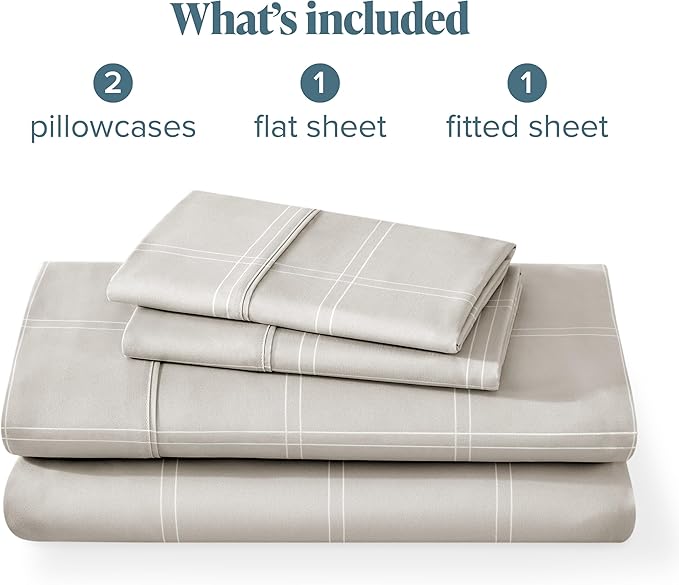 Bare Home Queen Sheet Set - Luxury 1800 Ultra-Soft Microfiber Bed Sheets - Double Brushed - Deep Pockets - Easy Fit - 4 Piece Set - Bed Sheets (Queen, Modern Plaid - Stone/White)