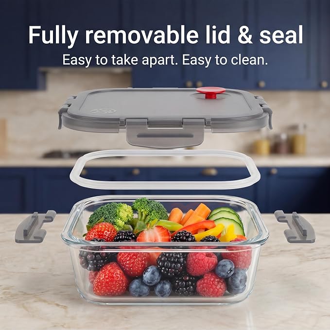 Borosilicate Glass Airtight Food Storage Containers with Vented Lids, Assorted Set of 6 (3 Rectangular & 3 Square)