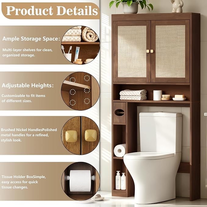 Over The Toilet Storage Cabinet Bathroom Shelf Over Toilet Bathroom Organizer Space Saver Rack with Adjustable Shelf (Chocolate, Rattan Style)