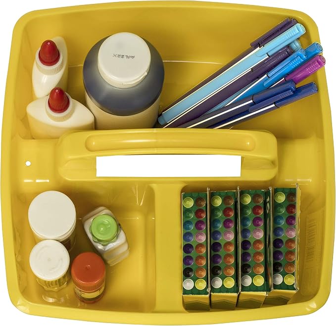 Storex 3-Compartment Small Caddy – Multipurpose Classroom Organizer with Handle, Yellow, 6-Pack (00950U06C)