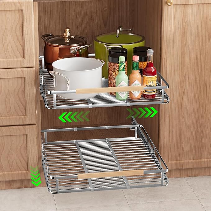 Expandable Pull Out Drawers for Cabinets, Kitchen Cabinet Slide Out Shelves, Adjustable Roll Out Drawers, Stainless Steel, Large 2 Pack, (14.5"-25.5") Cabinet Width x 22.7" Depth