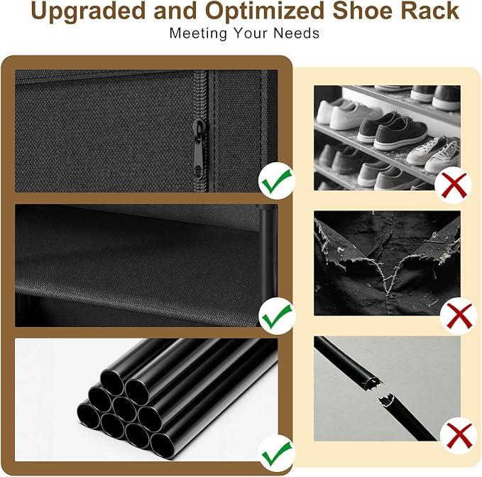 9 Tier Shoe Rack with Cover, Cabinet for 35 Pairs, Black | Holds boots, heels, sneakers. Flat top for bags/plants. Fits narrow corners. No tools, numbered parts, 30-min setup.