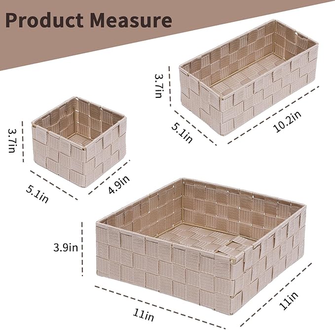 Storage Bins Woven Organizer Set of 4 – Polypropylene Storage Baskets with Metal Frame, Stackable Fabric Boxes for Drawers, Closet, Shelf, Nursery and Office, Beige