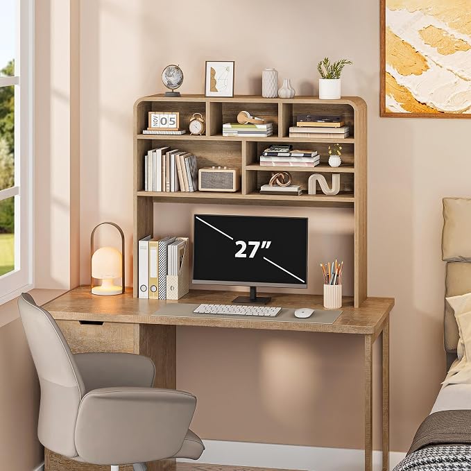 5-Tier Desk Shelf, 37.4''W Desktop Bookshelf for Computer Monitor, Desktop Organizer Shelf Storage Rack with 6 Cubbies, 5-Level Desk Hutch Display Rack for Home, Office, Dorm, Vanity, Natural