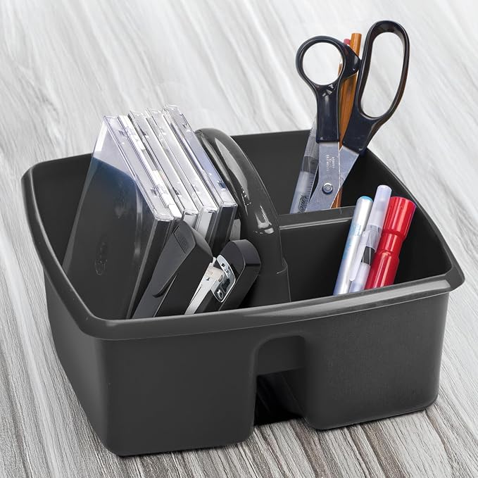 Storex 3-Compartment Small Cleaning Caddy – Multipurpose Supply Organizer with Handle, Black, 6-Pack (00972A06C)