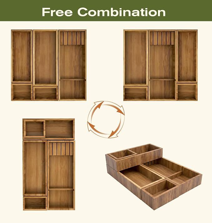 KOCWELL Bamboo Silverware Drawer Organizer with Knife Block, 5 Removable Drawer Organizer Bins - Multi-Use for Kitchen Utensils, Office, Makeup, Tools Storage