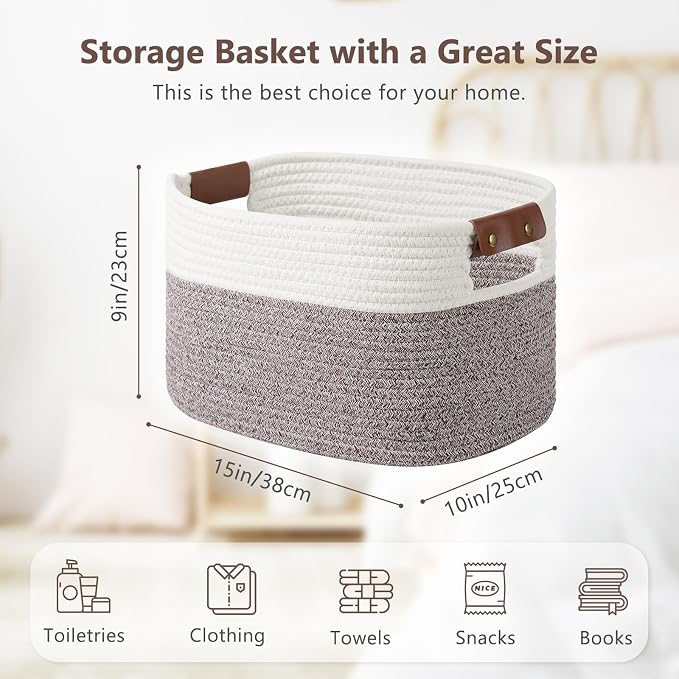 ECDYQXVU 15x10x9 Woven Cotton Rope Storage Basket, Leather Handles 2 Pack | Foldable Design, Sturdy PU Handles, Easy to Clean Organizer for Living Room, Closet, Shelves, Bedroom, Laundry, Clothes