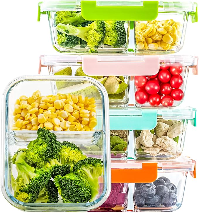 C CREST Glass Meal Prep Containers 2 Compartment Set, 5-Pack, 34oz | Glass Bento Boxes for Adults, Divided Glass Lunch Containers with Lids