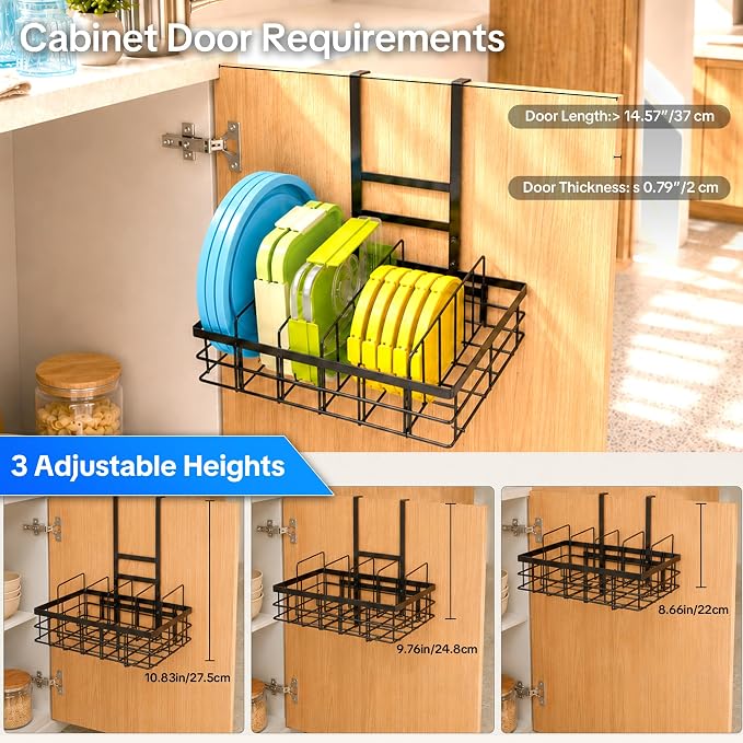 Metal Lid Organizers Inside Cabinet with Adjustable Dividers | Hanging Food Container Lids Holder, 4 Adjustable Dividers & 5 Sections, Matte Black Finish, Sturdy Metal, Kitchen Storage