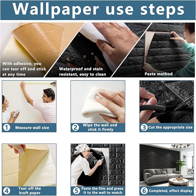 40 PCS Black 3D Wall Panels, 58 sq.feet Coverage Printable Wallpaper Sticker with Self-Adhesive Waterproof Brick PE Foam Wall Panels Peel and Stick for Interior Wall Decor, Home Decoration