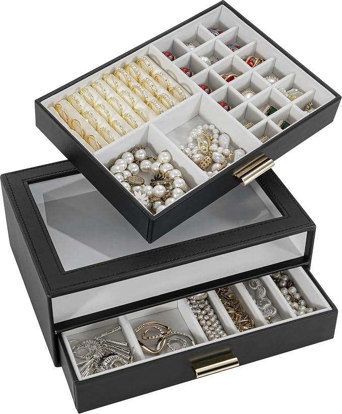 AKOZLIN Jewelry Box with Clear Lid Functional Leather Jewelry Storage Organizer Case 2 Drawers for Women Girls Necklace Ring Bracelet Earring