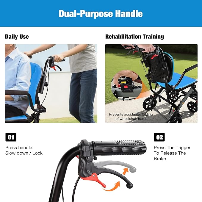 Wheelchairs for Adults,Transport Wheelchair Lightweight Foldable with Removable Cushion,Transport Chair,Ergonomic Travel Wheelchair with Telescopic Handle,Gifts for Grandpa,Blue