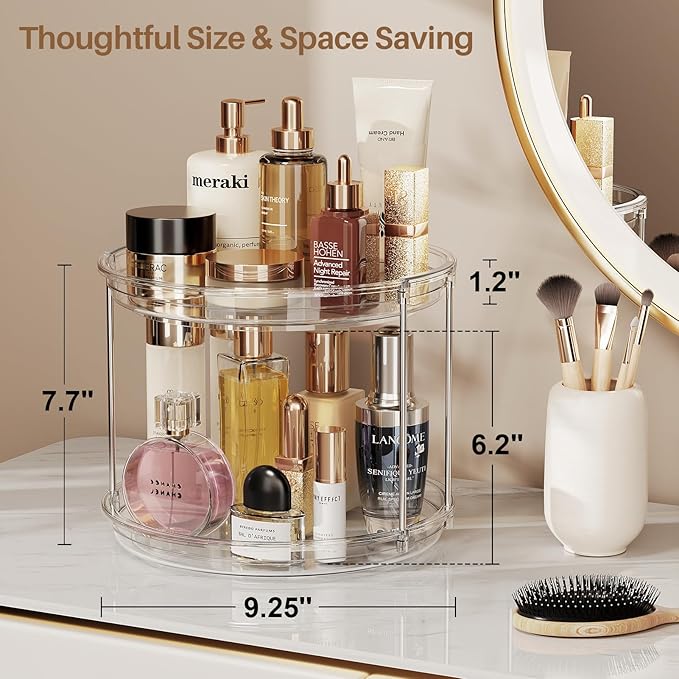 LAMU 2 Pack 2 Tier Lazy Susan Turntable Organizer 9.25'' Rotating Spice Rack Organization for Cabinet, Kitchen, Pantry, Countertop, Bathroom, Vanity, Medicine Cabinet Organizer, Clear