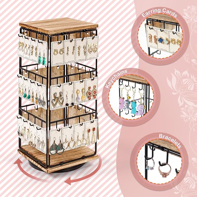 360 Rotating Earring Display Stands for Selling, Earring Rack Display Holder Stand, Jewelry Display for Vendors Selling Earring Cards, Necklaces, Bracelets, Hair Accessories (48 Hooks)