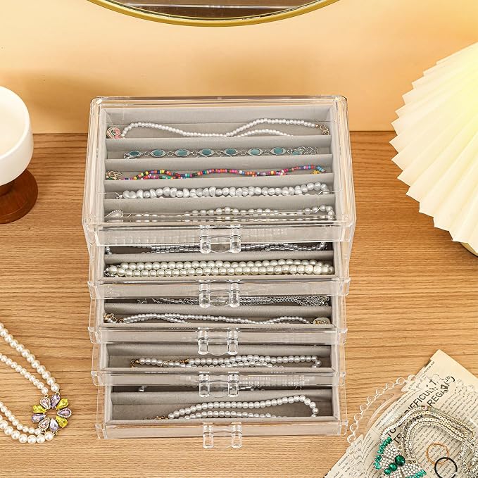 5 Drawerss Necklace Organizer Box, Tray with Clear Lid, Dustproof Velvet Necklaces Holder Storage Display Case, Gery Necklace Tray Drawer Insert for Pendant Suitable for Women and Girls (25 grids)